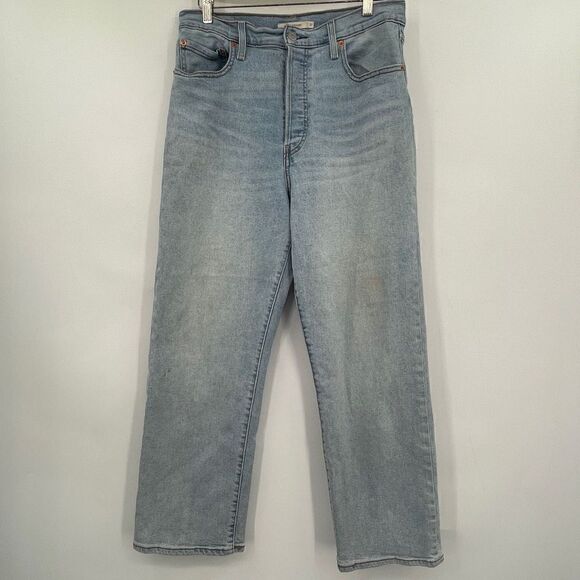 Levi's Faded Blue Ripped Distressed Ribcage Straight High Rise Demin Jeans Size - Picture 1 of 7